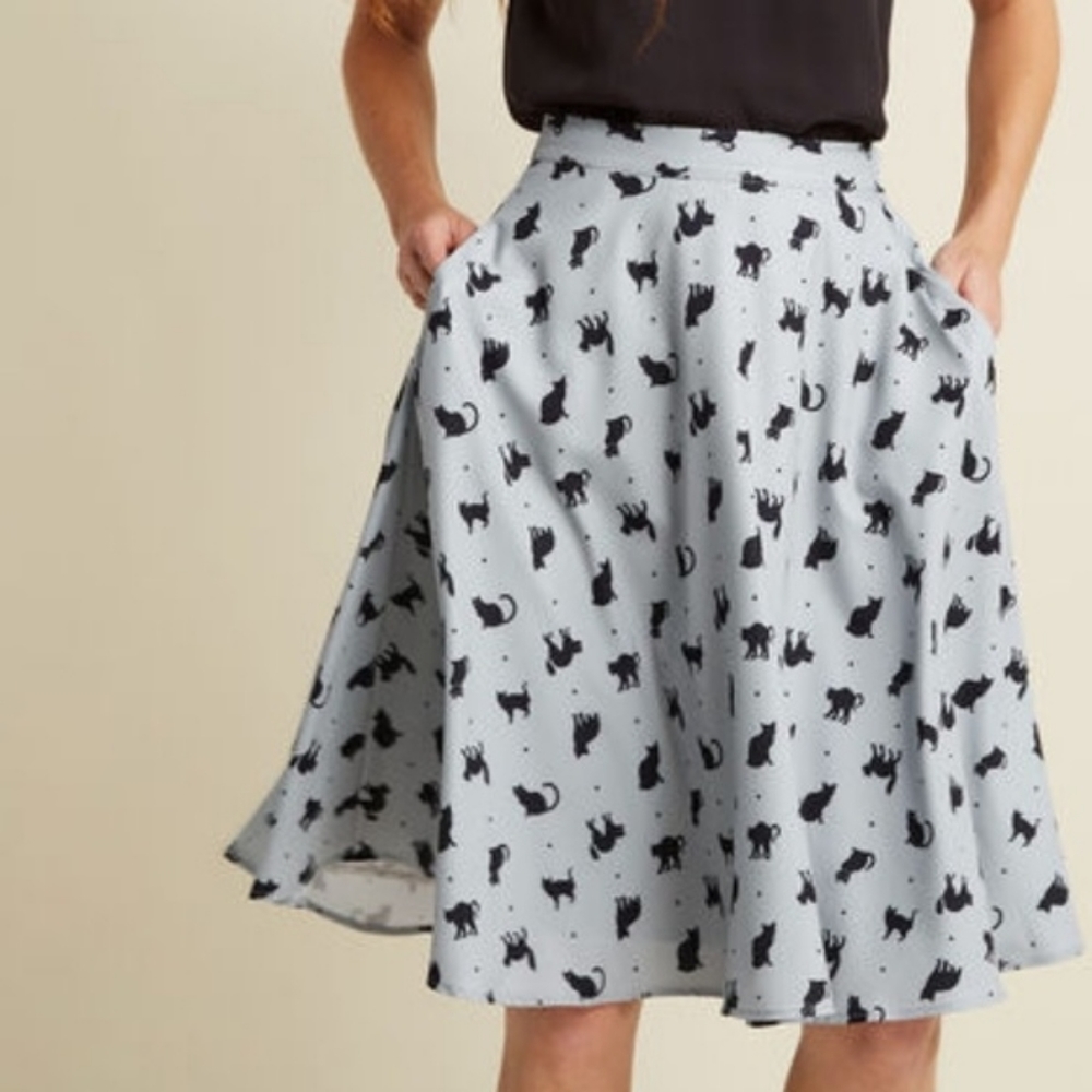 Modcloth Gray Cat Print Midi Skirt